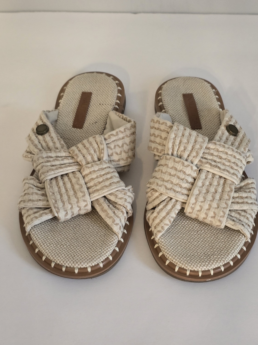 Nautica Cream Woven Bow Slide Sandals